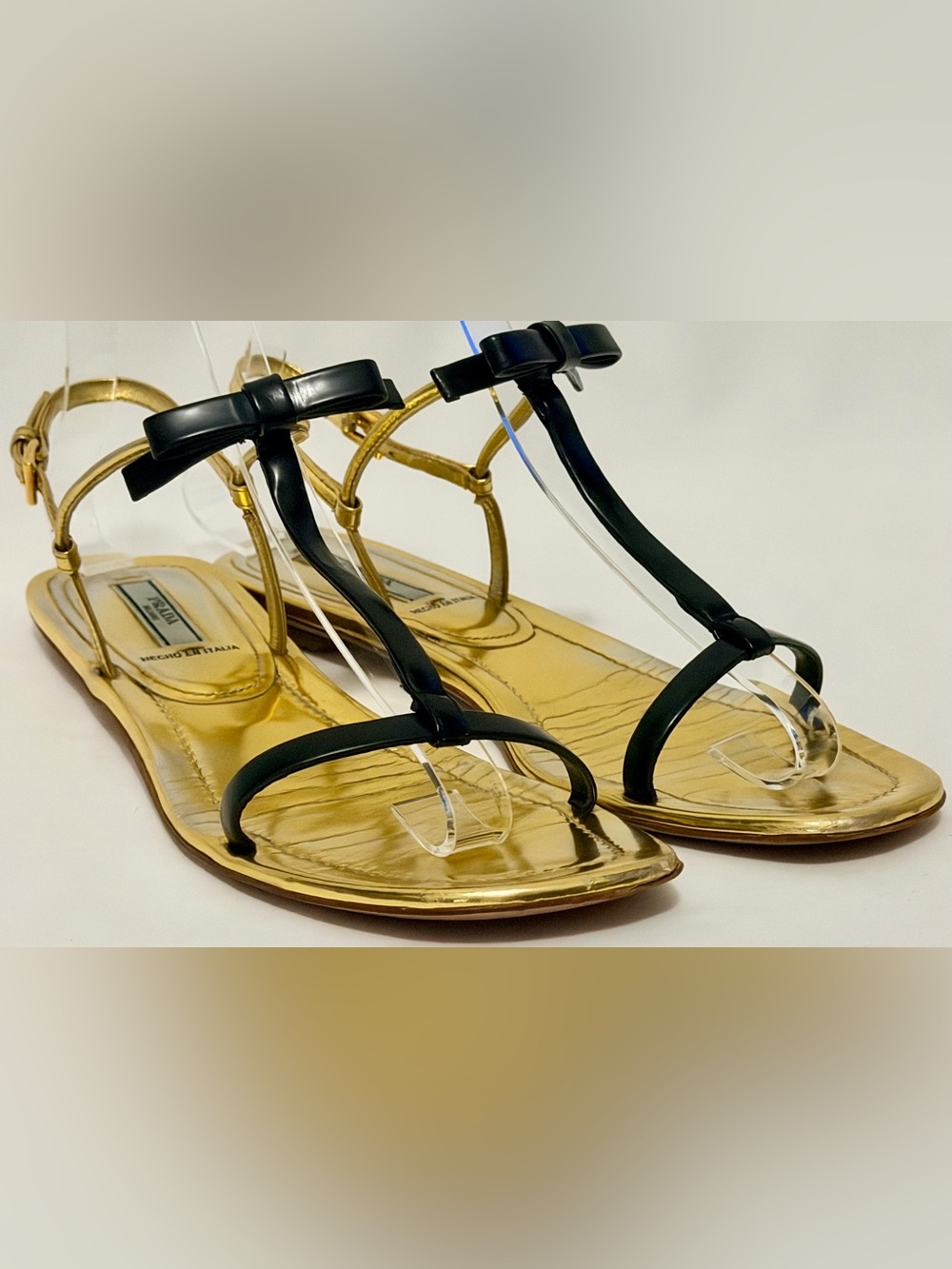 Prada Gold Black Patent Leather Bow T-Strap Flat Sandals 37